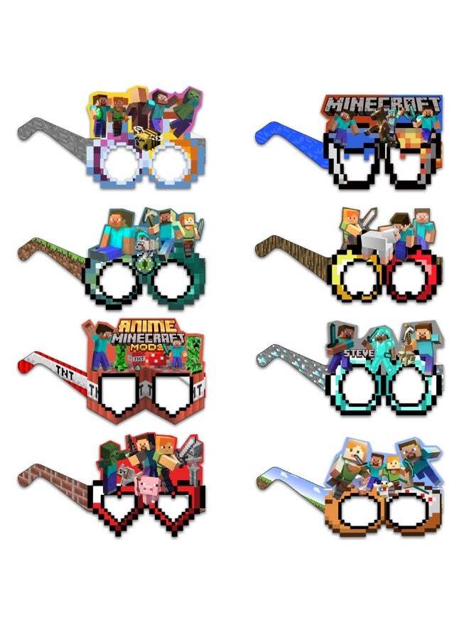Minecraft Paper Glasses - 16pcs Block-Themed Party Favors, 8 Designs Pixel Style Eye Masks for Kids, Birthday Party Supplies, Photo Booth Props, Cute Costume Glasses for Minecraft Birthday Decoration Supplies - Image 1
